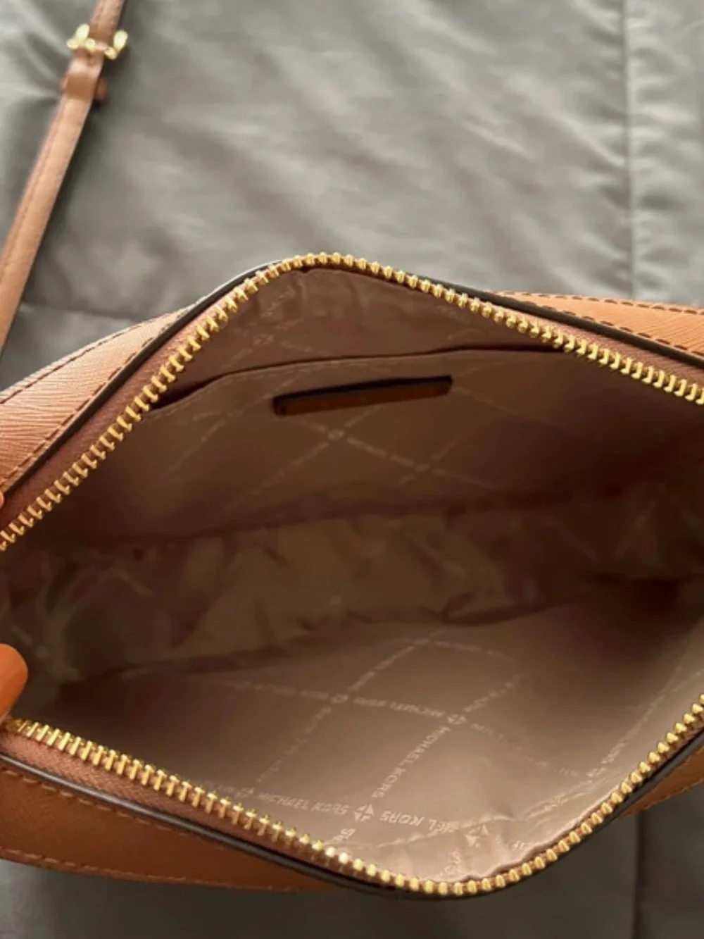 Michael Kors women Beige MK Logo Messenger Bag with Tan Trim